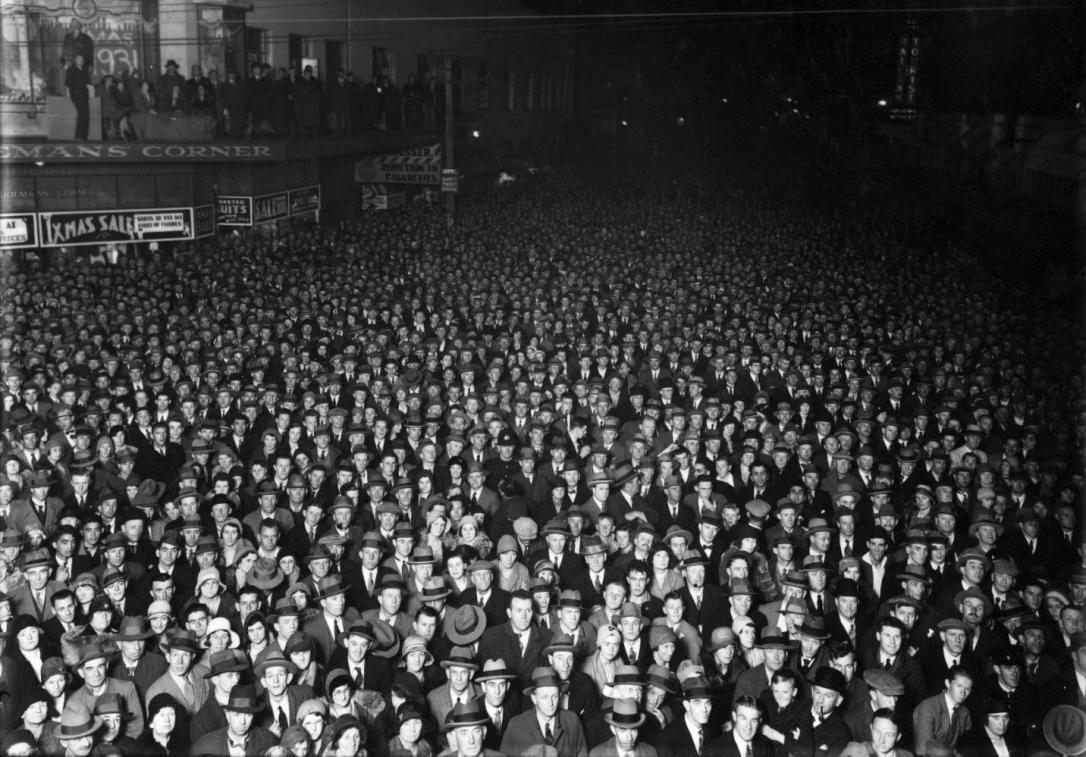 Election Crowd, Wellington, New Zealand.  Captured by William Hall Raine, 1931.