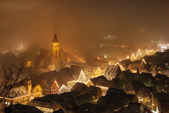 Albstadt lights in the fog, Germany, 2005. Photo by Robin Holler