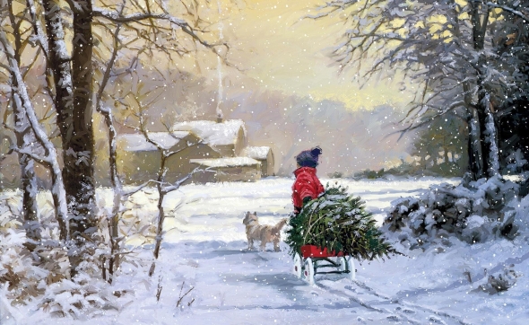 Boy and dog with a chrismas tree on a sleigh. Snow winter painting