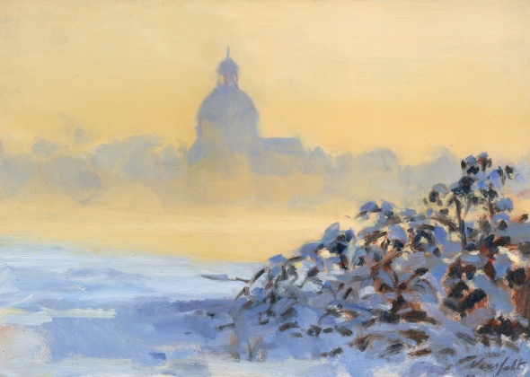 Church in the morning mist in winter by Hans Versfelt